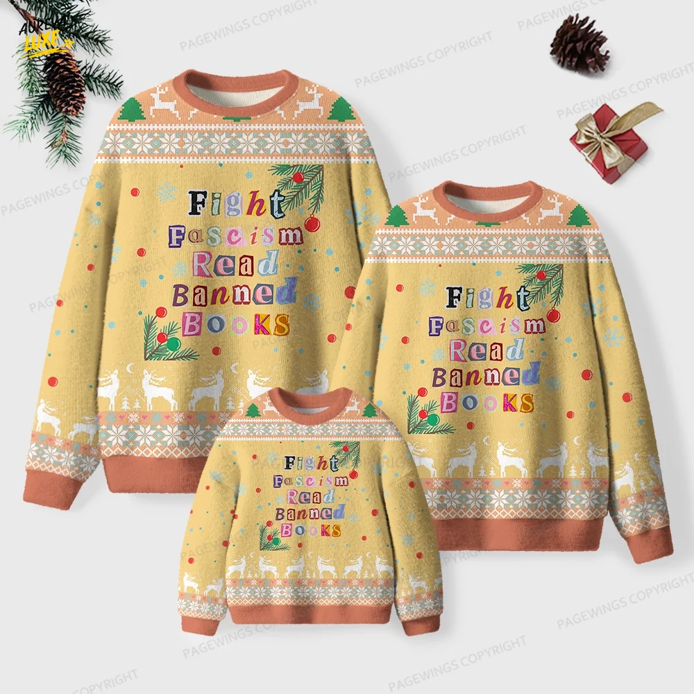 Fight Fascism Read Banned Books Unisex Ugly Knit Christmas Sweater Fight Fascism Read Banned Books Unisex Ugly Knit Christmas Sweater