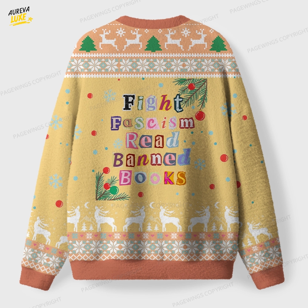 Fight Fascism Read Banned Books Unisex Ugly Knit Christmas Sweater Fight Fascism Read Banned Books Unisex Ugly Knit Christmas Sweater