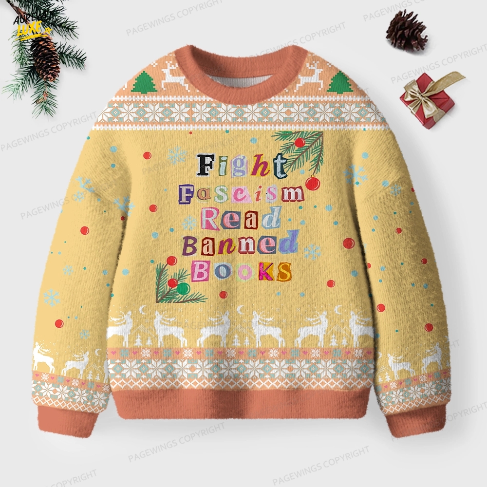 Fight Fascism Read Banned Books Unisex Ugly Knit Christmas Sweater Fight Fascism Read Banned Books Unisex Ugly Knit Christmas Sweater