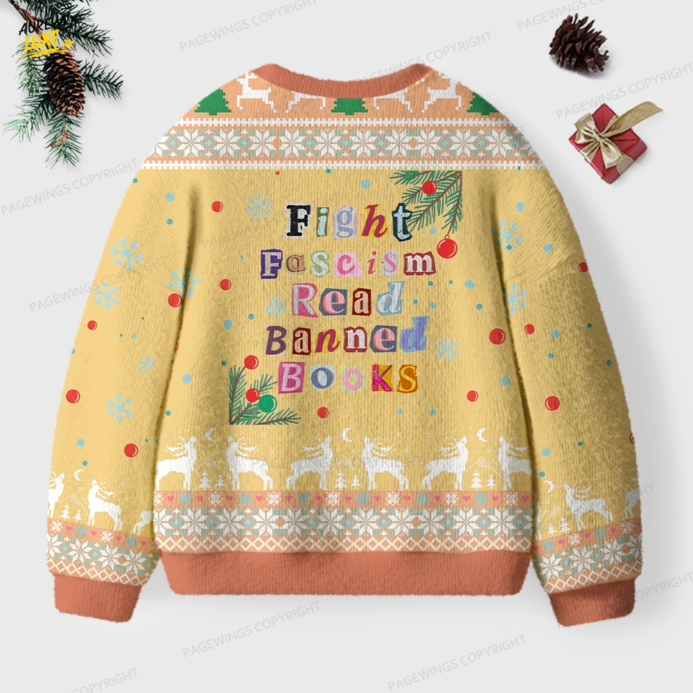 Fight Fascism Read Banned Books Unisex Ugly Knit Christmas Sweater Fight Fascism Read Banned Books Unisex Ugly Knit Christmas Sweater