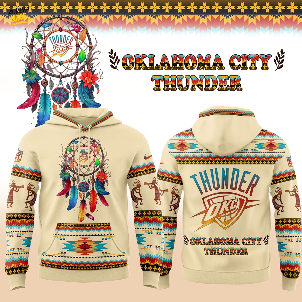 Oklahoma City Thunder Native American Heritage Month 2025 Sand Beige Hoodie Oklahoma City Thunder Native American Heritage Month 2025 Sand Beige Hoodie