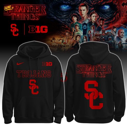 USC x Stranger Things hoodie with a bold red–black design